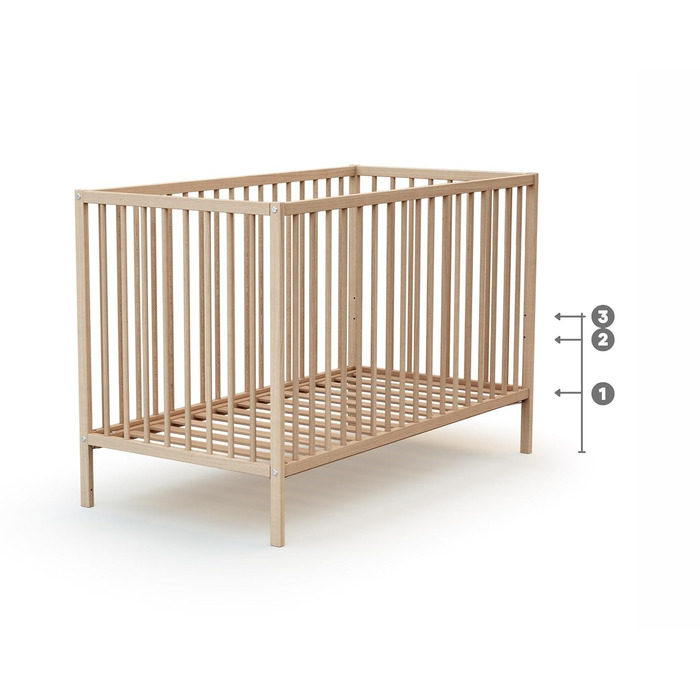 Дитяче ліжко Webaby Holz 60x120cm з бука, натуральний колір, з регульованим дном та бортиками | Від народження | Комфортний сон