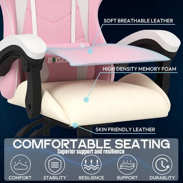 Ігровий крісло Bigzzia Ergonomic з підігрівом, рожево-білий, для геймерів, комп'ютерне, з підголівником та підлокітниками