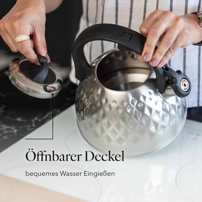 Чайник FLORINA Fenny Satin Induktion 2.5L з нержавіючої сталі, Cool-Touch, сучасний дизайн