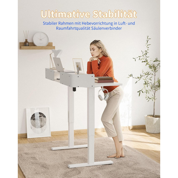 Електричний стіл YIHAYO з висувними ящиками та підставкою для монітора 120x60 см, з функцією пам'яті, Natural White, білий каркас/поверхня