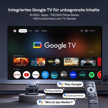 Проектор Aurzen Boom Mini 4-в-1 з Google TV, 4K, 20W Dolby Audio, Wi-Fi, Bluetooth, для дому та на вулицю, автоматичне фокусування, корекція трапецеїдальних спотворень, 500 ANSI люмен (Чорний)