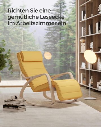 Крісло-гойдалка SONGMICS з підлокітниками з натурального дерева, регульована підставка для ніг, до 150 кг, для спальні/вітальні, темно-натуральний колір, бавовна/поліестер