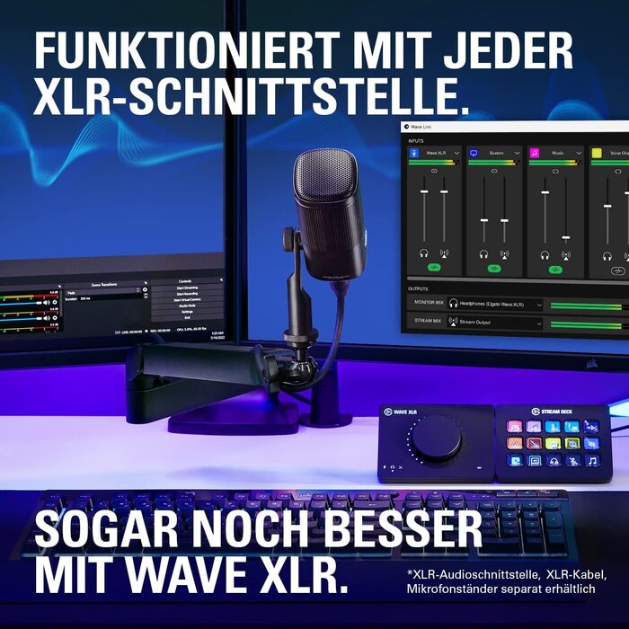 Elgato Wave DX — динамічний XLR-мікрофон для подкастів, стрімінгу та трансляцій, кардіоїдна діаграма, шумозаглушення, не потребує підсилювача, сумісний з Mac/PC