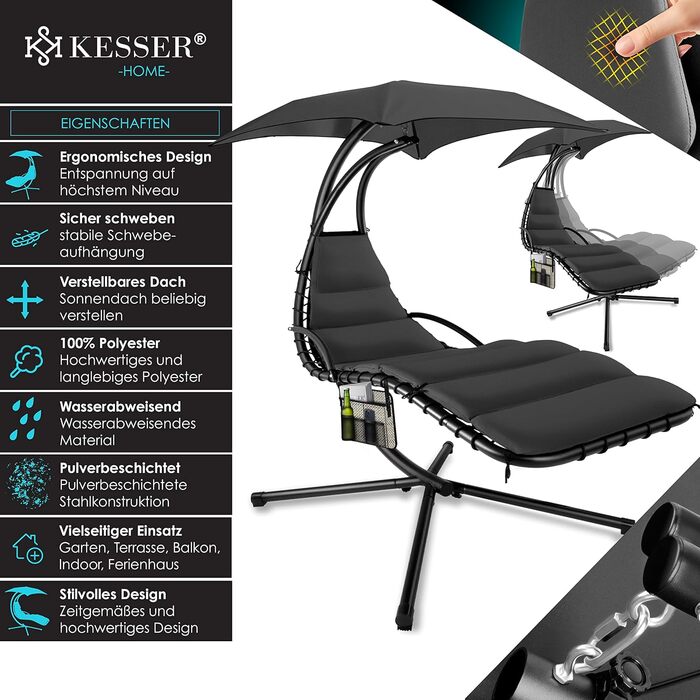 Кесер® Плетене крісло-гойдалка з сонцезахисним козирком, 194x100 см, до 120 кг, з подушкою для шиї та сумкою, антрацит