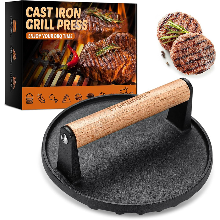Пресс для бургерів Freelander з чавуну, набір для приготування смашених бургерів (діаметр 17.6 см, прямокутний 20.5 см), прес для гриля з термостійкою ручкою, великий прес для гамбургерів, стейків, сендвічів (чорний, круглий)