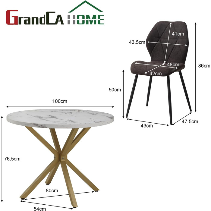Набір обіднього столу та стільців GrandCA HOME: круглий стіл 100 см + 4 сучасні стільці з льону, сіро-темний колір (мрамор + чорний)