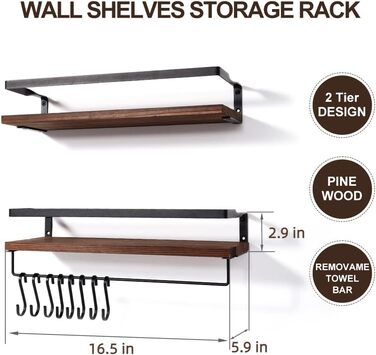 Набір навісних дерев'яних полиць Uten у рустикальному стилі з тримачем для рушників, 2 шт., світло-коричневий (ретро-кава) для ванної, кухні, вітальні та спальні