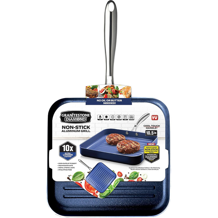 Сковорода-гриль Granitestone Blue з антипригарним покриттям, 26.7 см, з алмазною інфузією, канавки для зливу жиру, не нагрівається, ручка з нержавіючої сталі, придатна для духовки та мийки, 100% PFOA-free