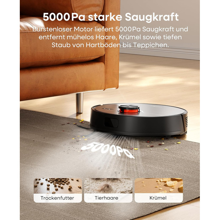 Робот-пилосос з функцією миття 5000Pa, потужний робот-пилосос з базою для самостійного очищення 3.5L, час роботи до 180 хвилин, навігація LiDAR, для збору шерсті тварин та прибирання килимів, керування через додаток, чорний