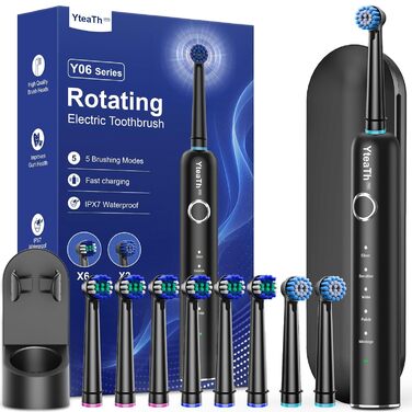 Електрична зубна щітка ротаційного типу для дорослих та дітей з 8 насадок, зарядний станція з кріпленням на стіну, 5 режимів чищення та дорожній футляр, 60 днів роботи від акумулятора, чорний