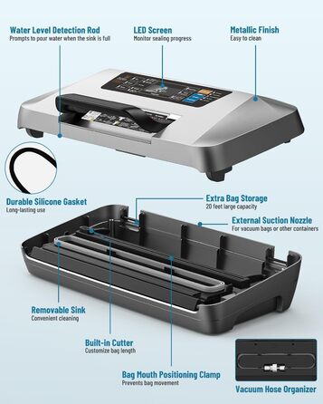 Професійний вакууматор для продуктів 12-в-1, 95кПа, з функцією безперервного вакуумування та подвійним швом, сріблястий (комплект: 1 рулон та 10 пакетів)