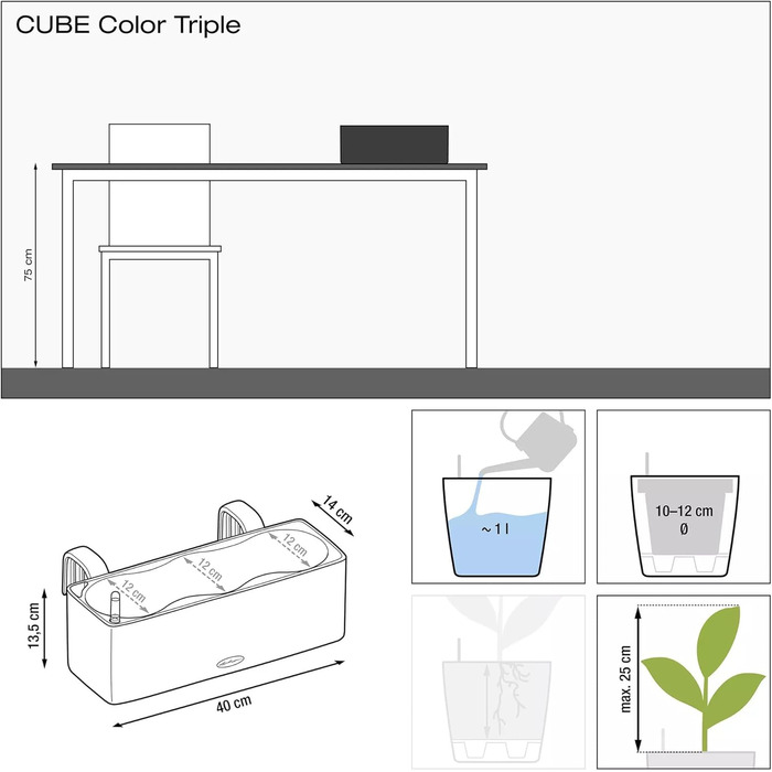 Горщик LECHUZA CUBE Color Triple (Сірий Шлахтер) 13680 (40x14x13,5 см)