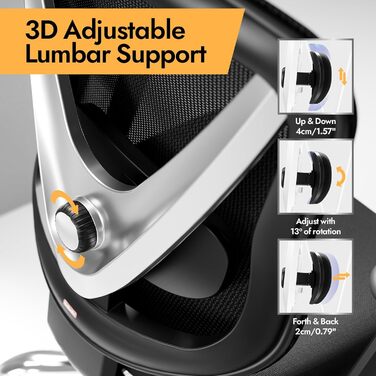 Ергономічне крісло для офісу та дому з 3D поперековою підтримкою та регульованими підлокітниками, біле (чорне)