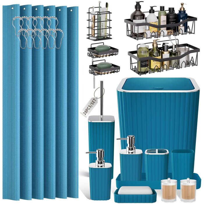 Набір аксесуарів для ванної кімнати, 25 предметів, салатово-зелений колір. Включає душову завісу, килимки, відро для сміття та дозатор для мила.