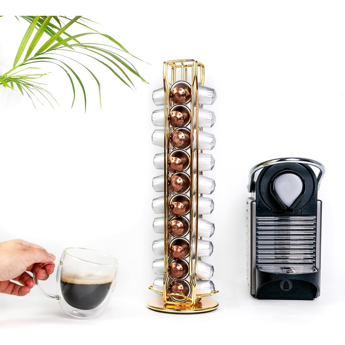 Тримач для капсул кави INTIRILIFE сумісний з Nespresso (40 шт) з заліза, золотий, 11.5 x 37.5 см, поворотний на 360°, для зберігання капсул
