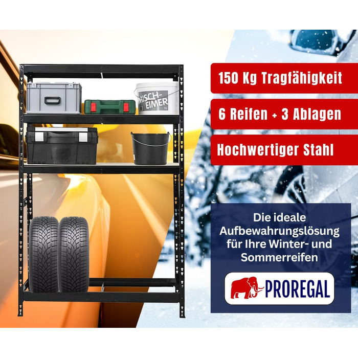Стелаж для шин PROREGAL Tiger XL: 200x180x45 см, 300 кг на полицю, до 205/55 R16, чорний. Підходить для майстерні, складу, підвалу.