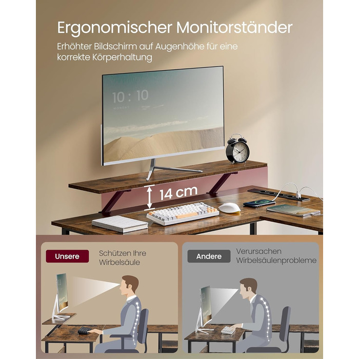 Комп'ютерний стіл VASAGLE L-подібний з розетками, LED-підсвічуванням та USB-портами, 150 x 120 x 76 см, для дому та офісу, вінтажний колір