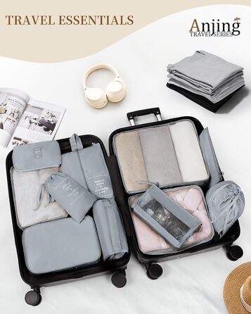 Набір органайзерів для подорожей Anjing (10 предметів), водонепроникні пакувальні куби для валізи, компактний набір для зберігання речей, темно-синій