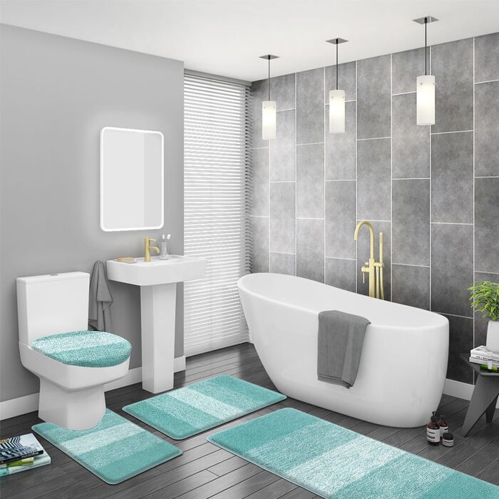 Набір килимків для ванної кімнати Bsmathom, 4 шт., з кришкою для унітазу, м'які, вбираючі, нековзні, машинне прання, килимок з U-подібною контуром, коврик для унітазу, помаранчевий/блакитно-зелений (Відтінок раю)