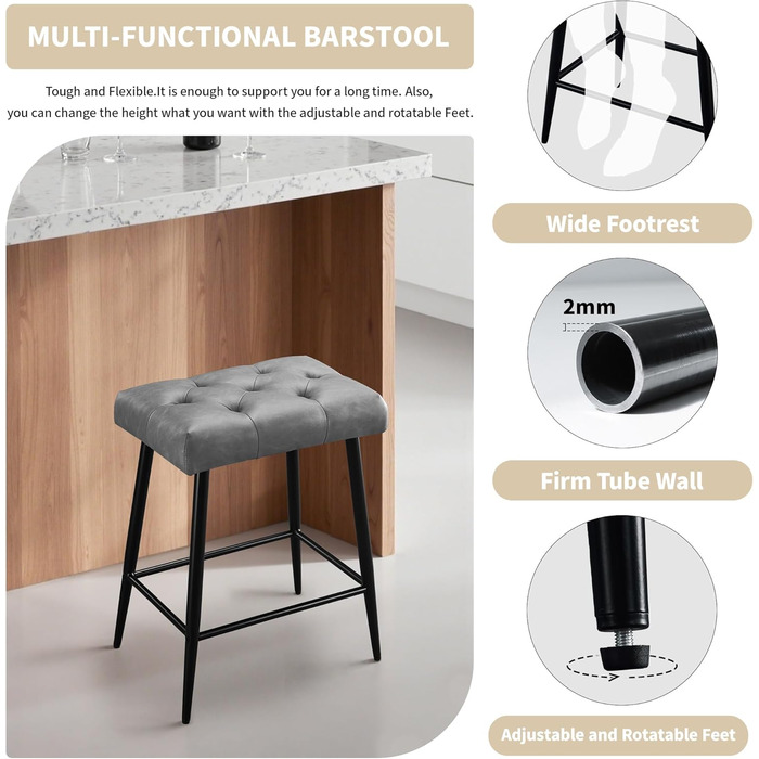 Набір з 2 барних стільців з мікрофібри, сірого кольору, з підніжкою, 62.5 см, без спинки для кухні, бістро, їдальні