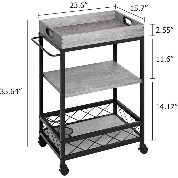 Сервізний візок HAUSPROFI з 3 рівнями, на колесах, для кухні та бару, сірий, з полицями для вина, сталевий каркас, індустріальний дизайн