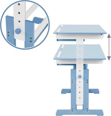 Дитячий письмовий стіл з регулюванням висоти та місцем для зберігання, відкидною стільницею - синій/білий