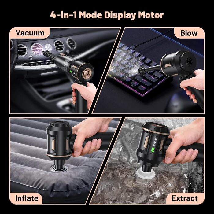 Акумуляторний ручний пилосос Handstaubsauger 28000Па, бездротовий автомобільний пилосос 4-в-1 з безщітковим двигуном та функцією самоочищення, для авто, дому та шерсті тварин, чорний