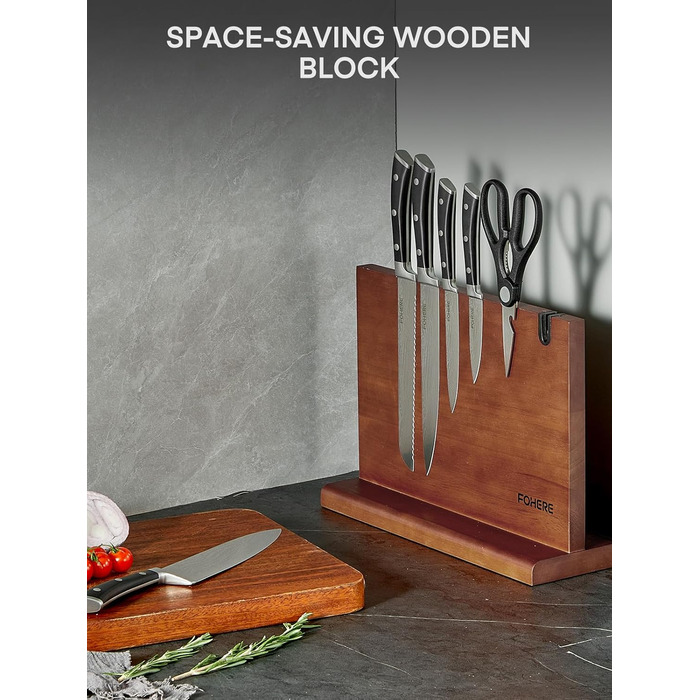 Набір ножів FOHERE 7 предметів: кухонний, для хліба, овочевий, з точилкою та магнітним блоком з нержавіючої сталі та дерева