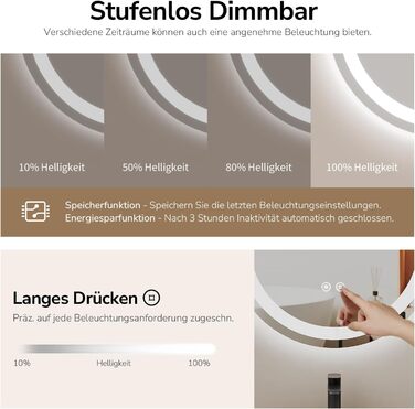 Дзеркало для ванної кімнати EMKE з підсвічуванням 50x90 см, овальне, з сенсорним перемикачем, 3 кольори світла, регулювання яскравості, антизапарник, функція пам'яті, автоматичне вимкнення через 3 години