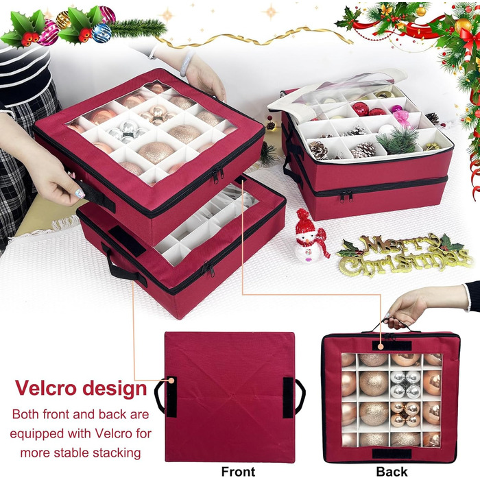 Коробка для прикрас на ялинку VERONLY з перегородками, складана, з ручками та кришками (4 шт., червона)