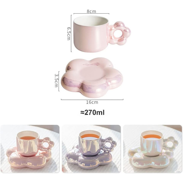 Керамічна кавова чашка YOKIOU, фіолетова чашка з милим квіткою і блюдцем, 270 мл для жінок, День народження подруги, день матері, День Святого Валентина, День матері (фіолетовий)