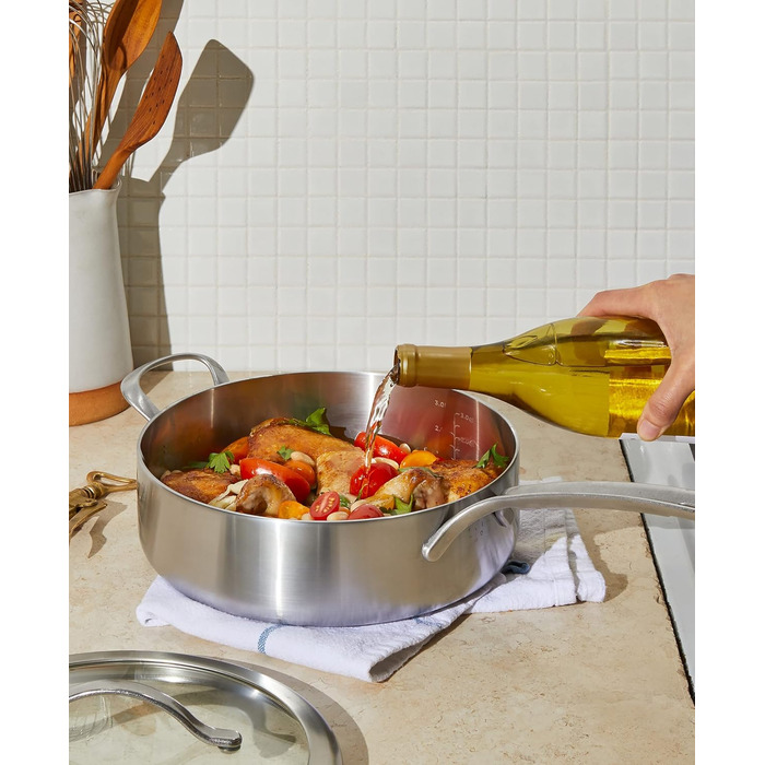 Сковорода GreenPan X Food 52 Five-Two Essentials з нержавіючої сталі Tri-Ply 4QT з кришкою, без PFAS, Multi-Clad, для індукційних плит, можна мити в посудомийній машині, термостійка, срібна