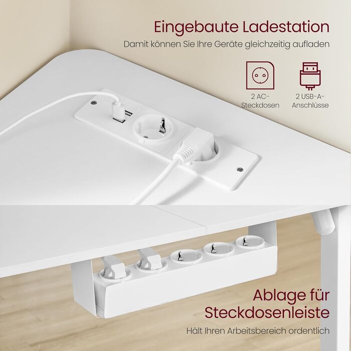 Електричний кутовий стіл VASAGLE з регулюванням висоти, 140 x 160 см, з підзарядкою, пам'ять висоти (2 положення), для офісу, білий (вохрений + матовий)