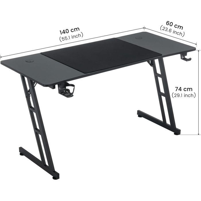 Ігровий стіл Kidsgigglz з LED-підсвічуванням, 120 x 60 см: ергономічний стіл для дому, офісу, кутовий комп'ютерний стіл з тримачем для напоїв та гачком для навушників (140 x 160 см - Z-подібна рама)