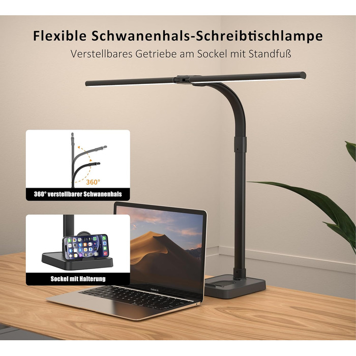 LED настільна лампа LOTTBUTY з гнушим шийкою, 24W, 80см, для офісу та дому, з підставкою для телефону (чорний)