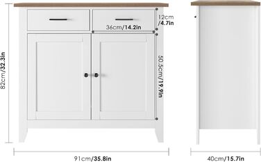 Кухонна шафа HOCSOK з робочою поверхнею, комод з 2 шухлядами та 2 дверцятами, буфет для кухні, вітальні, їдальні, передпокою, дерево, стиль кантрі, білий
