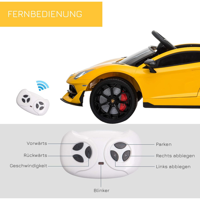 Електромобіль для дітей HOMCOM Lamborghini SVJ, ліцензія, 12V, металевий, жовтий, з дистанційним керуванням, музика, USB, для дітей 3-8 років