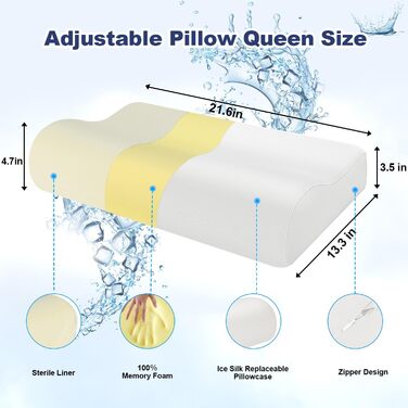 Ортопедична подушка для сну Memory Foam з чохлом (охолоджуючий шовк), 54*34*9/12 см, сіра