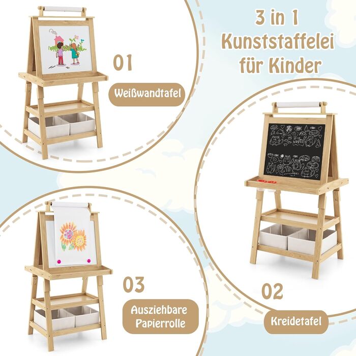 Дитячий мольберт COSTWAY 3в1 дошка, дошка для крейди та папір для малювання, включаючи магніти, натуральні