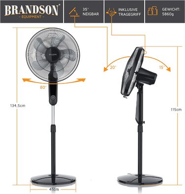 Вентилятор Brandson підлоговий, 60 Вт, з пультом, дисплеєм, осциляцією 80°, регульована висота, 3 швидкості, нахил голови 35°, чорний