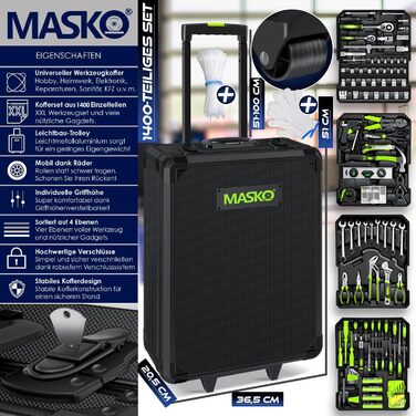 Набір інструментів MASKO 1400 предметів в алюмінієвому кейсі на колесах: професійний інструментальний візок для дому, майстерні, автосервісу