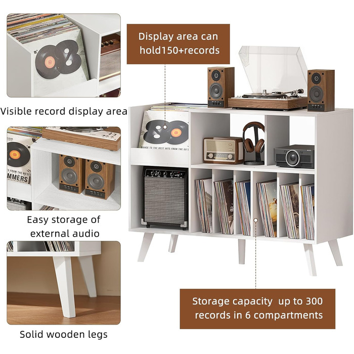 Підставка для платівок велика на 450 альбомів, з полицею для зберігання, біла
