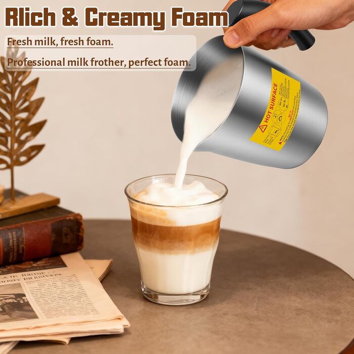 Електричний спінювач молока 5-в-1 з нержавіючої сталі, 500 мл, знімний контейнер, контроль температури, для гарячого та холодного молока, капучино, лате