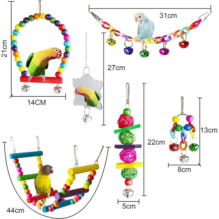 Іграшка для птахів, папуга та хвилястий папужка, іграшка для жування, дзвіночок, дерев'яна драбина, гойдалка для птахів (60 символів), 7 шт.