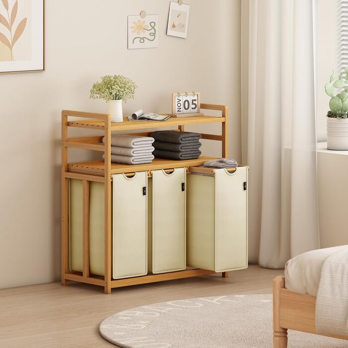 Кошик для білизни AdelDream 150L з 3 відділеннями, висувні полиці та знімний мішок для білизни, бамбуковий каркас, бежевий