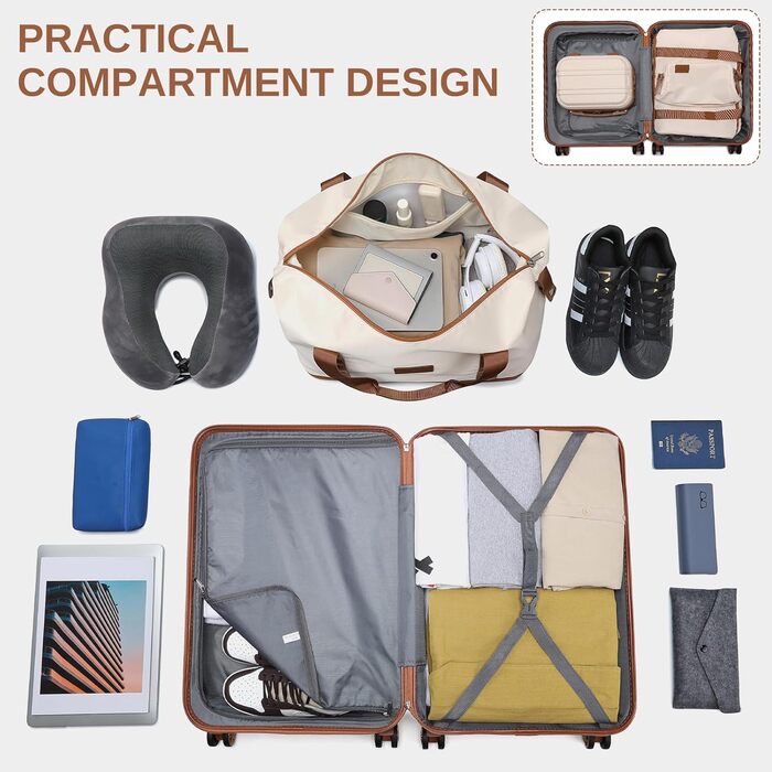 Набір валіз KONO 6-ти частинний: велика валіза, середній кофр, ручна сумка, косметичка. Колір: білий/коричневий