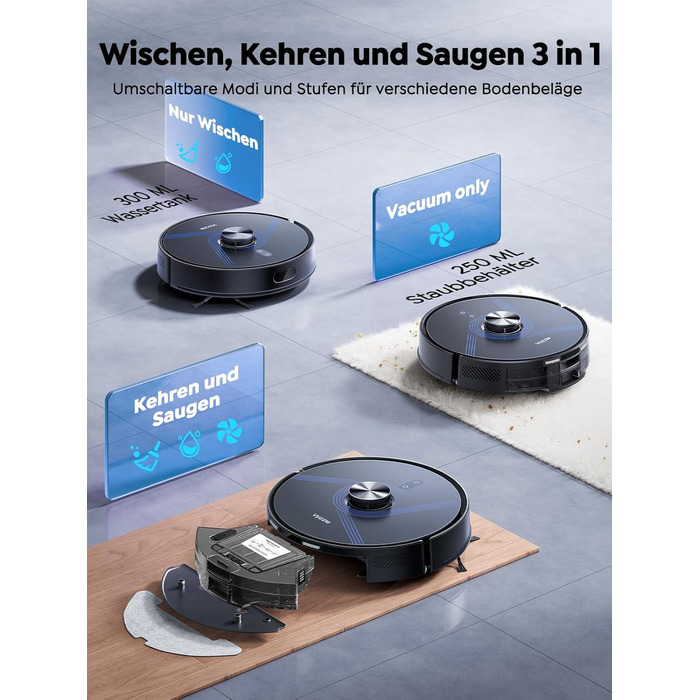 Робот-пилосос Vyzzle з вологою тканиною 5500 Па, док-станція 3.5л, для шерсті тварин, килимове покриття, керування через додаток, голосове керування Alexa & Google Assistant (Чорний)