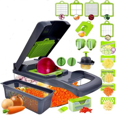 Багатофункціональний набір для нарізки овочів 22-в-1: спіралізатор, тертка, нарізач цибулі, картоплі та фруктів. З контейнером 1.2л та дренажним кошиком (сірий)