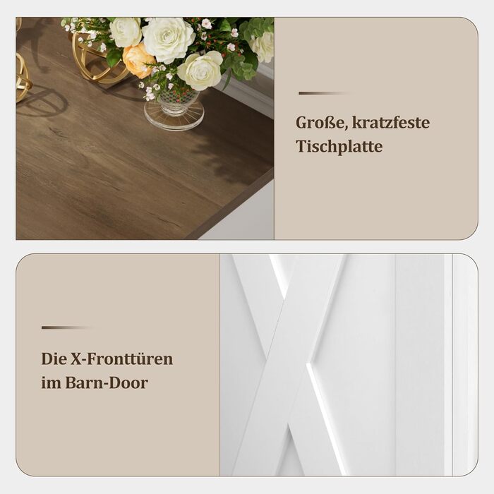 Сервант HOCSOK 140 см: кухонна шафа з 2 регульованими полицями, буфет з 3 висувними ящиками та 4 дверцятами, для вітальні, кухні, передпокою, білий & коричневий