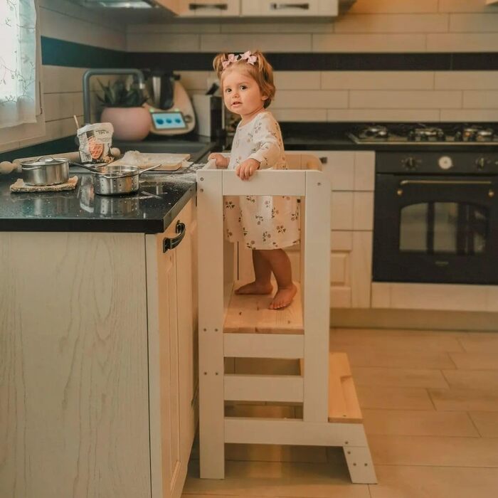 MEOWBABY Лесенка-підставка для навчання Montessori для дітей – регульована висота – підходить для дітей від 1 року – безпечна дитяча підставка – дерев'яний помічник на кухню та для повсякденного використання (з дощечкою, білий-натуральний)